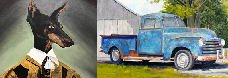 paintings of old truck and dog